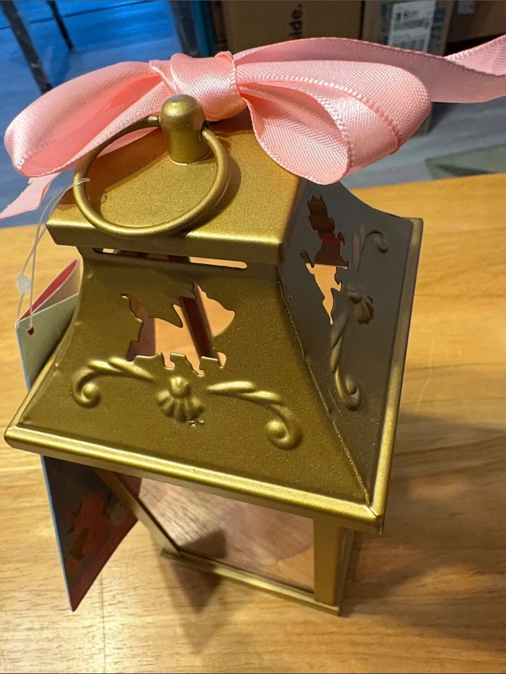Disney Gold Lantern with Pink Ribbon and LED Candle